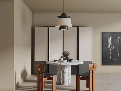 Modern Restaurant Interior With Round Marble Table Two Chairs Hanging Pendant Light And Wall Art 3d model