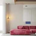 Modern Open Dining And Living Room Design With Red Sofa Dining Table And Chairs