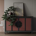 Elegant Chinese Style Entryway Console Cabinet With Red Panels Black Frame And Bonsai Decor