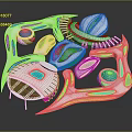 Cartoon Scene With Blue And White Abstract Biomorphic Shapes And Curved Circular Elements