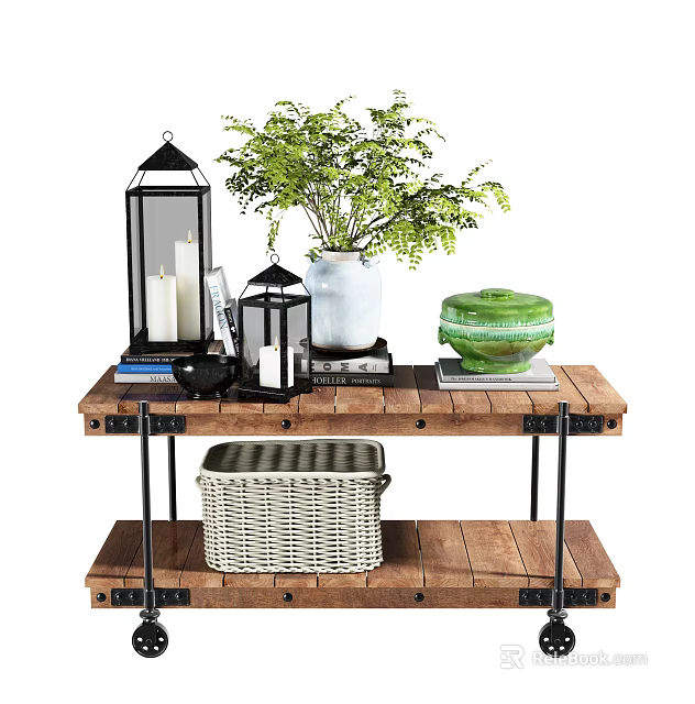 Wooden Two Tiered Storage Shelf With Green Plant White Vase Black Lanterns and Wicker Basket 3d model 
