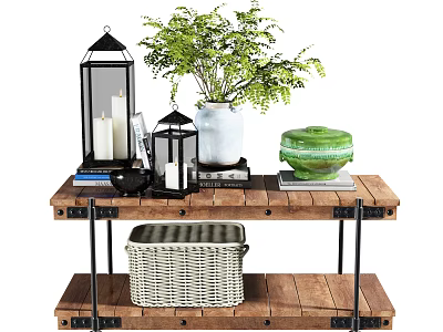 Wooden Two Tiered Storage Shelf With Green Plant White Vase Black Lanterns and Wicker Basket 3d model
