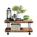 Wooden Two Tiered Storage Shelf With Green Plant White Vase Black Lanterns and Wicker Basket