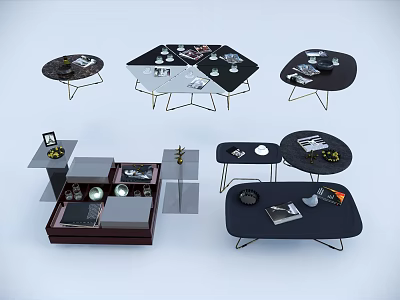 Modern Coffee Tables in Various Shapes with Metal Frames and Decorative Items 3d model
