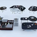 Modern Coffee Tables in Various Shapes with Metal Frames and Decorative Items