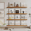 Wooden Wall Mounted Shelf With Stacked Books Framed Art And Potted Plant