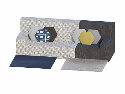 Modern Two Seater Sofa with Hexagonal Blue Yellow Cushions and Fabric Upholstery Design 3d model