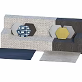 Modern Two Seater Sofa with Hexagonal Blue Yellow Cushions and Fabric Upholstery Design