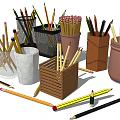 Colorful Pencils in Cups Pots and Wooden Boxes with Scattered Ones and Sharpener
