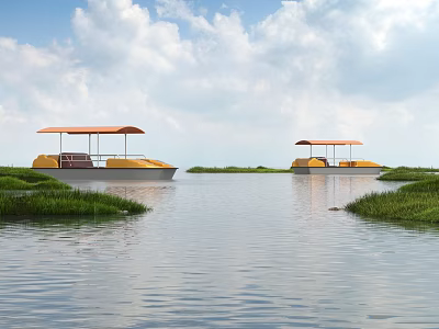 Scenic Lakeside View with Two Yellow Boats Brown Canopies Green Grass Blue Sky White Clouds 3d model