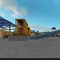 Industrial Factory Featuring Blue Roof Yellow Equipment Orange Construction Vehicles And White Blue Storage Silos
