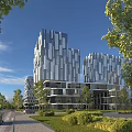 Contemporary Office Building Exterior Featuring Glass Curtain Wall And Green Landscaping With Surrounding Trees