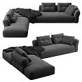Modern Gray Sectional Sofa with Plush Cushions and Black Throw Blanket 3d model