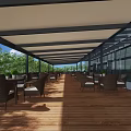 Outdoor Café Wooden Deck With Wicker Tables Chairs Metal Canopy Building And Green Trees