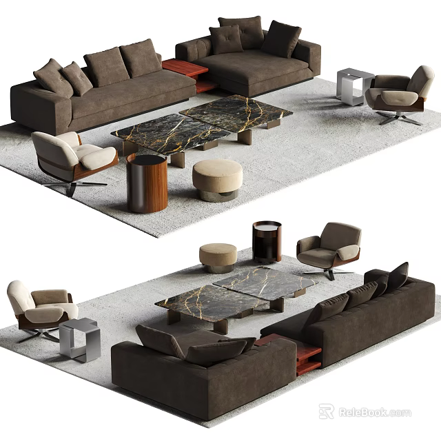 Modern Sofa Coffee Table Set With Accent Chairs Stools And Side Tables 3d model