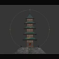 Cartoon Style Five Story Pagoda With Green Roofs And Red Body On Stone Base