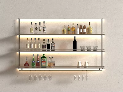 Wall Mounted Multi Tiered Wine Rack with Various Liquor Bottles Glassware and LED Lighting 3d model