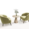 Modern Minimalist Green Armchairs And Round Table Set With Vase And Green Plants