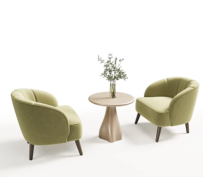 Modern Minimalist Green Armchairs And Round Table Set With Vase And Green Plants 3d model