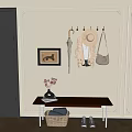 Wooden Bench In Entryway With Wicker Basket Shoes Hanging Clothes Bag And Flower Vase