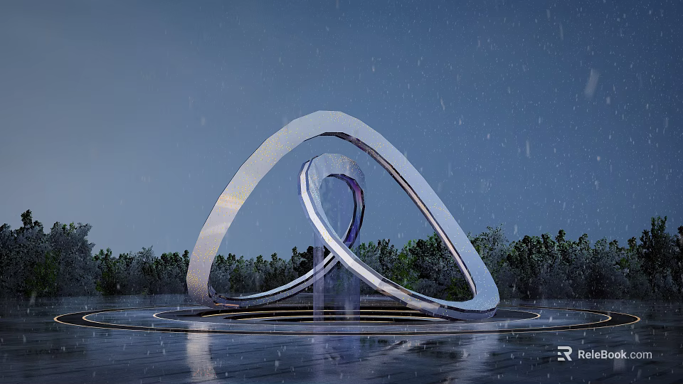 Modern Metallic Ring Shaped Sculpture Illuminated With Purple Light Among Trees On Wet Ground 3d model 