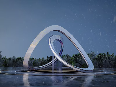 Modern Metallic Ring Shaped Sculpture Illuminated With Purple Light Among Trees On Wet Ground 3d model