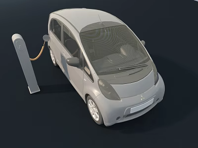 White Small Electric Car Charging At Station With Connected Cable 3d model