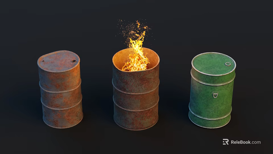 Burning Barrel With Flames Between Rusty And Green Metal Barrels 3d model 