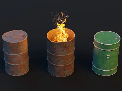 Burning Barrel With Flames Between Rusty And Green Metal Barrels 3d model