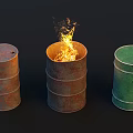 Burning Barrel With Flames Between Rusty And Green Metal Barrels