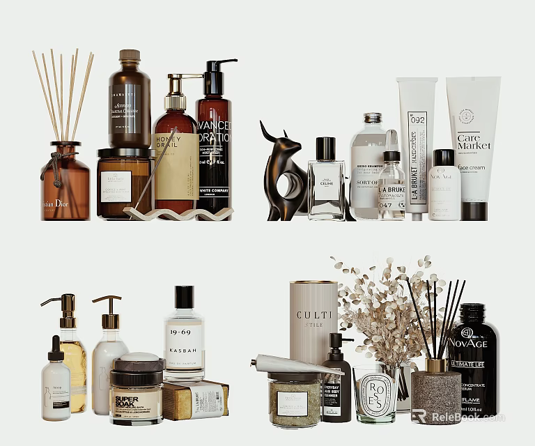 Luxury Perfume and Cosmetics Display with Glass Bottles Reed Diffusers and Decorative Containers 3d model 
