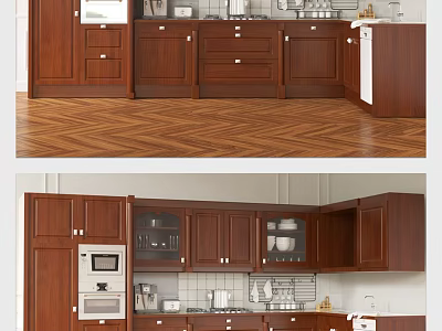 Traditional Kitchen Interior With Wooden Upper And Lower Cabinets And Countertop 3d model