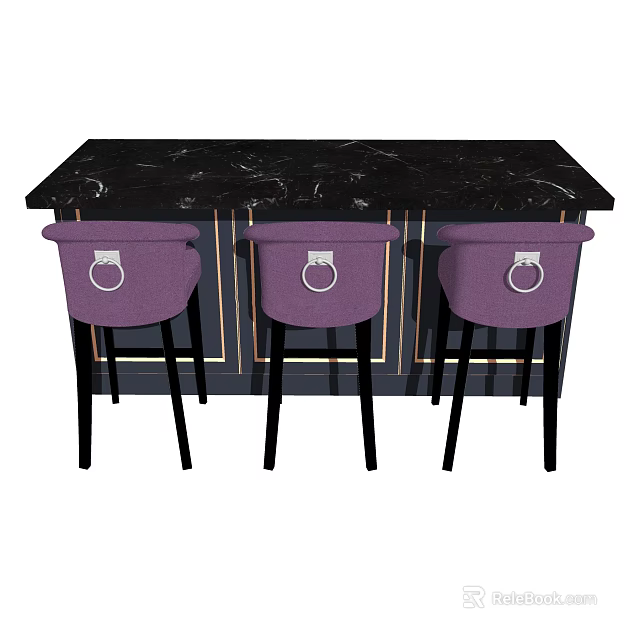 Stylish Bar Counter With Black Top And Three Purple Bar Stools 3d model 
