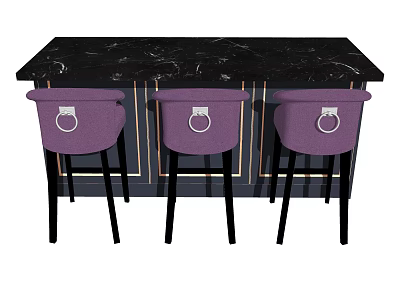 Stylish Bar Counter With Black Top And Three Purple Bar Stools 3d model