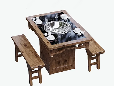 Hotpot Table with Black Tabletop Central Metal Pot and Wooden Benches 3d model