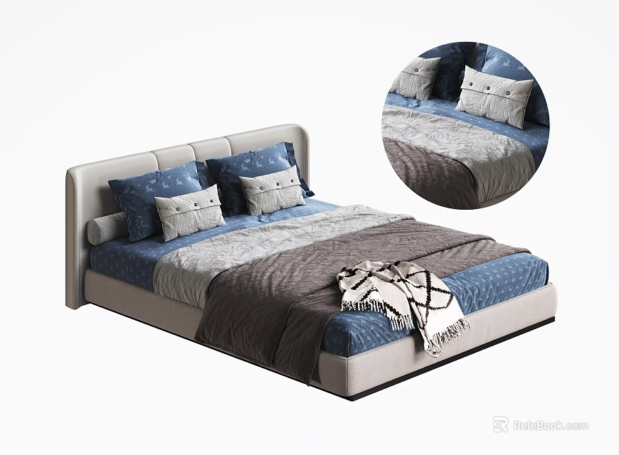 Double Bed with Light Gray Headboard Blue Patterned Pillows and Textured Gray Blanket 3d model