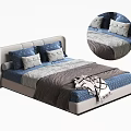 Double Bed with Light Gray Headboard Blue Patterned Pillows and Textured Gray Blanket 3d model