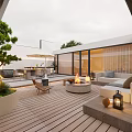 Modern Courtyard Garden With Wooden Deck Sofa Fire Pit Dining Table Umbrella And Glass Wall