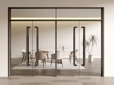Modern Glass Hinged Doors In Interior Space With Dining Table Chairs And Potted Plant 3d model