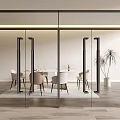 Modern Glass Hinged Doors In Interior Space With Dining Table Chairs And Potted Plant