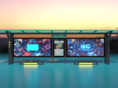 Modern Bus Stop Billboard With Multiple Digital Screens And Evening Illuminated Lighting 3d model