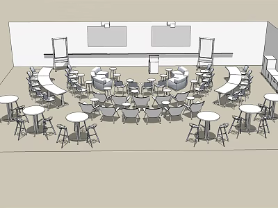 Spacious Conference Room Interior With Round Tables Chairs And Projection Screens 3d model