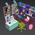 Stylish Glass Top Desk With Red Chair Posters Shelf Books Clock And Stationery
