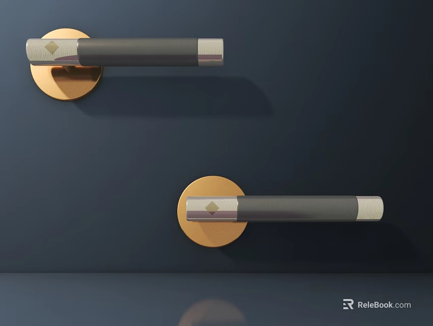 Modern Gray Door Handles With Gold Round Base On Dark Blue Wall 3d model 