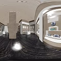 Modern Luxury Display Space With White Counter White Cabinets Bright Lighting And Dark Flooring