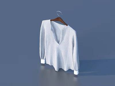 White Striped V Neck Long Sleeve Casual Shirt Hanging On Wooden Hanger 3d model