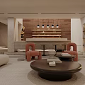 Modern Living Room Interior Design With Beige Curved Sofa TV Wall Shelves And Orange Chairs