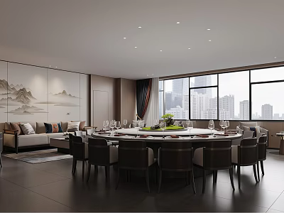 Modern Private Dining Room With Round Table Chairs Landscape Painting And City View 3d model