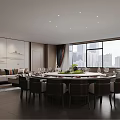 Modern Private Dining Room With Round Table Chairs Landscape Painting And City View
