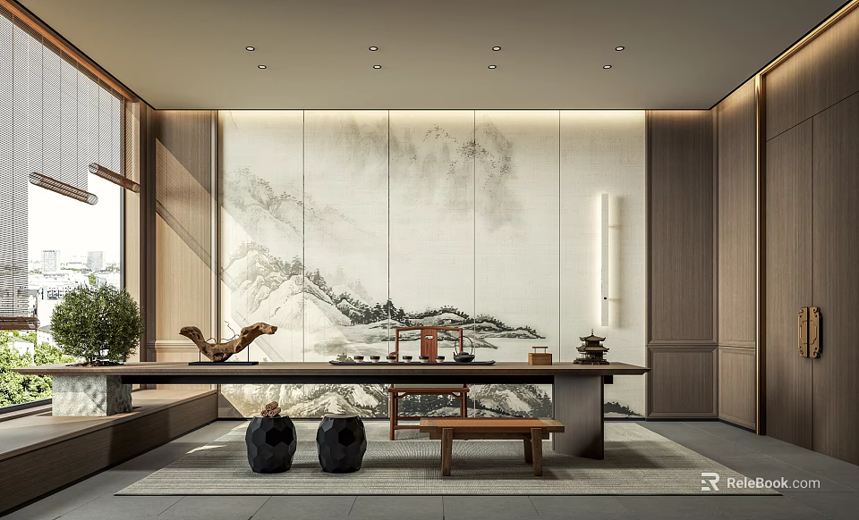 Elegant Traditional Tea Room Interior With Mountain Water Painting Backdrop Wooden Table and Tea Sets 3d model 